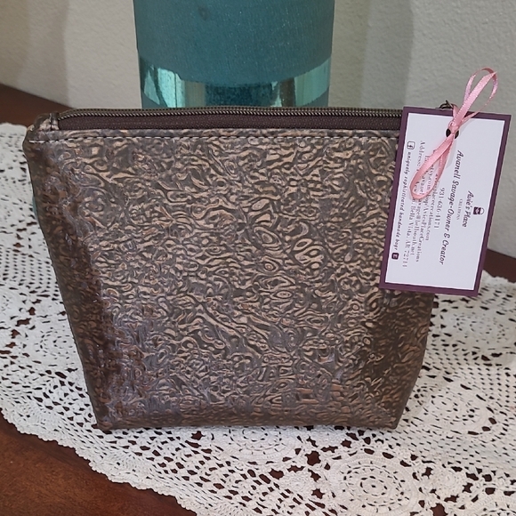 Hand Crafted Tan and Brown Cosmetic Bag with Floral Accent - Picture 4 of 5